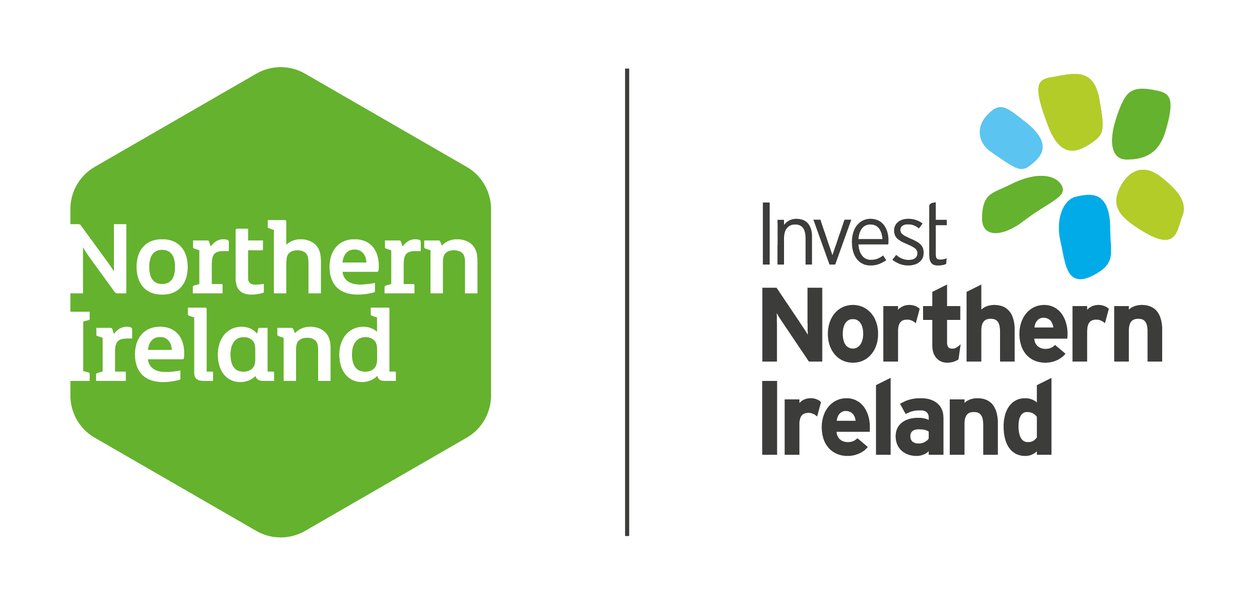 Logos of Northern Ireland and Invest Northern Ireland. Left: green hexagon with "Northern Ireland." Right: the word "Invest" in "Invest Northern Ireland," featuring an abstract colorful pattern above, symbolizing vibrant investment opportunities in the region.
.