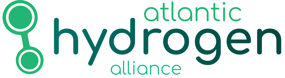Logo for the Atlantic Hydrogen Alliance, a coalition of Regional Affiliates, featuring a stylized green hydrogen molecule graphic and the organization's name in green and teal text.