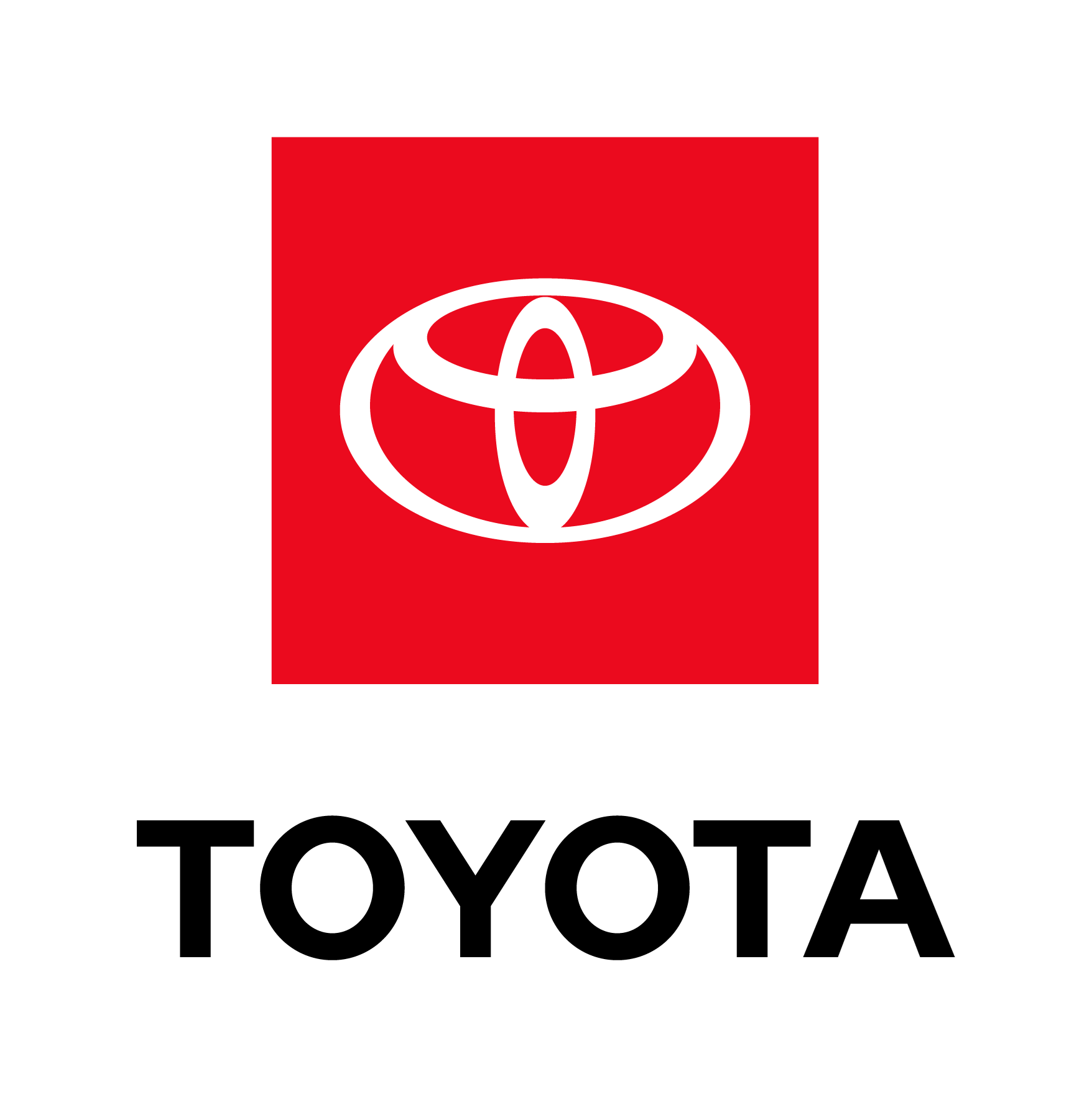 Red square with a white oval Toyota logo above the word "TOYOTA" in bold black letters on a light gray background.
