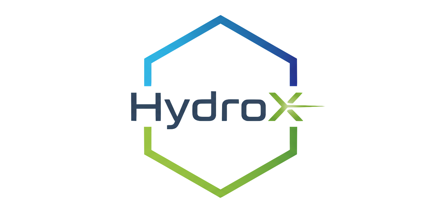 Hexagon outline in blue and green with "HydroX" at the center; the "X" is green with a stylized right stroke, reflecting Hydrox Tech Inc's innovative water technology solutions.