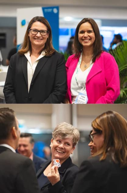 Two images of professionals at a networking event: the top image shows two women smiling in business attire, and the bottom image features a group in a discussion, with one woman holding a business card.