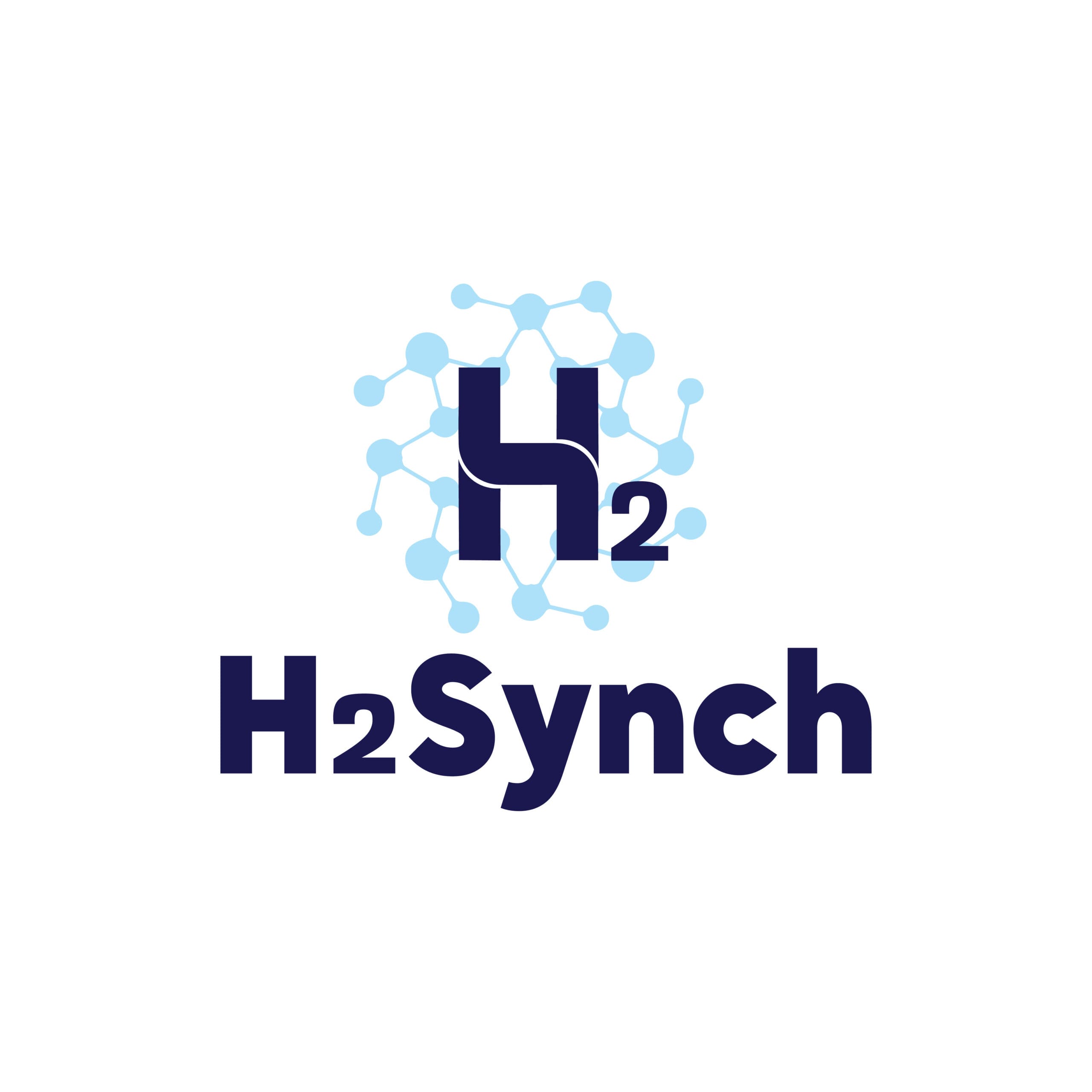 Logo with bold text "H2Synch" below an "H2" symbol, overlaid on a light blue molecular network pattern on a white background.
